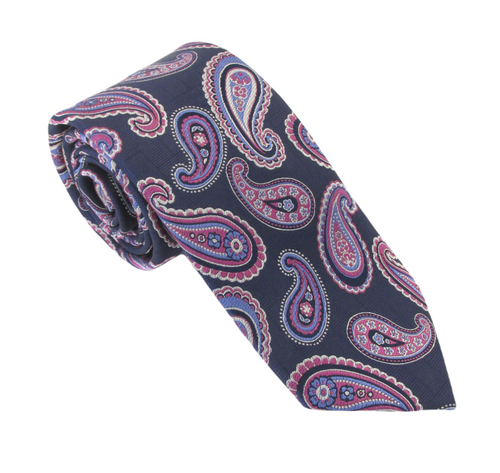 Navy Pink Bright Large Paisley Red Label Silk Tie by Van Buck