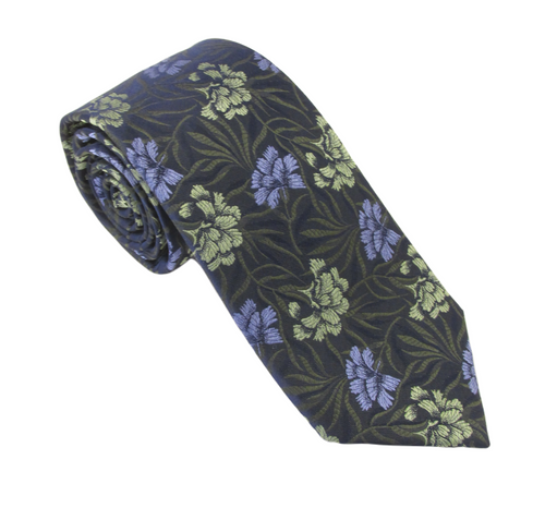 Navy & Green Forest Flowers Red Label Silk Tie by Van Buck