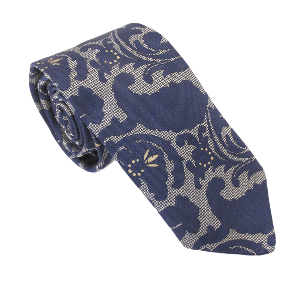 Navy Grey Paisley Floral Textured Red Label Silk Tie by Van Buck