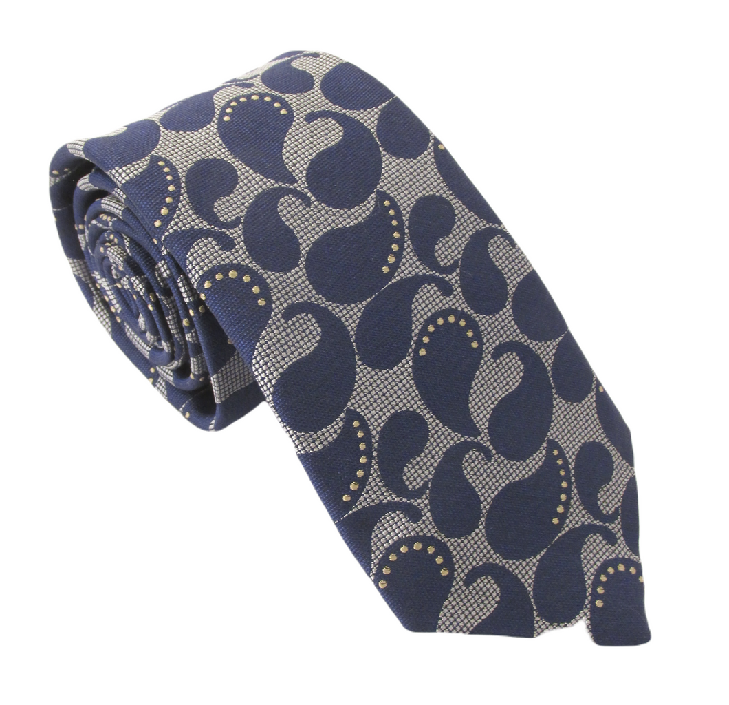 Navy Blue Grey Teardrop Paisley Textured Red Label Silk Tie by Van Buck