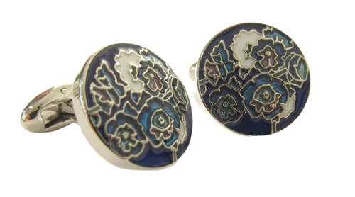 Platinum Navy Floral Cufflinks by Van Buck