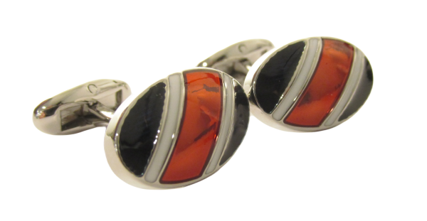 Platinum Oval Cufflinks with Red Stripe by Van Buck