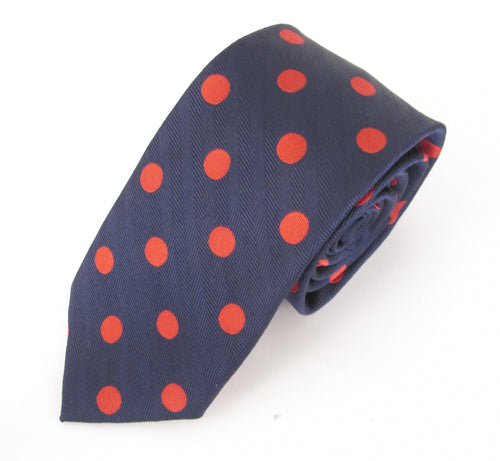 Navy Silk Tie With Large Red Polka Dots by Van Buck