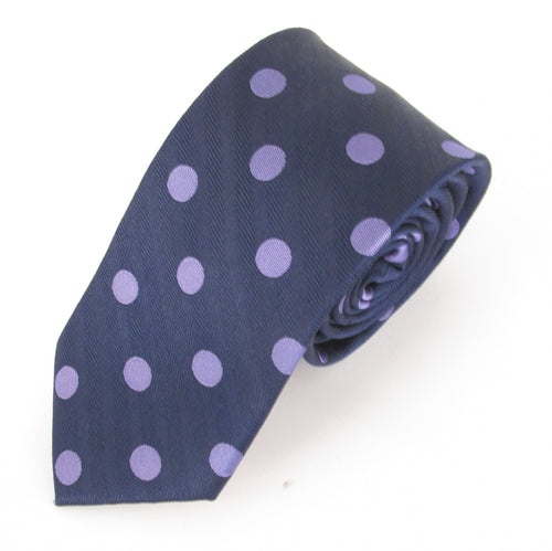 Navy Silk Tie With Large Lilac Polka Dots by Van Buck