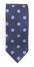 Navy Silk Tie With Large Lilac Polka Dots by Van Buck