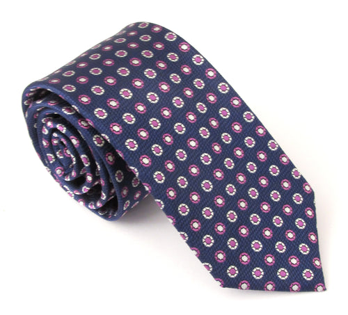 Navy With Pink & White Circles London Silk Tie by Van Buck