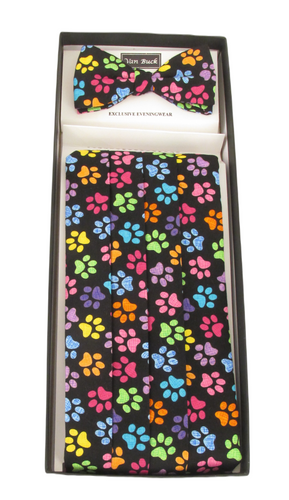 Multi Coloured Paw Print Novelty Cummerbund & Bow Tie Set by Van Buck