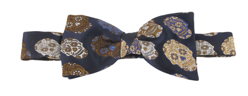 Limited Edition Navy Blue & Brown Skulls Silk Bow Tie by Van Buck