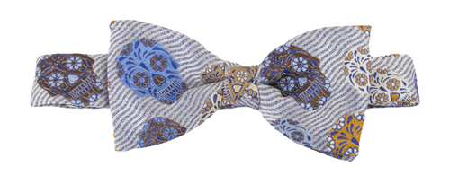 Limited Edition Silver & Blue Wave Skulls Silk Bow Tie by Van Buck