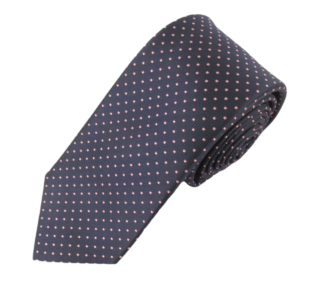 Navy Blue Silk Tie With Pink Pin Dots