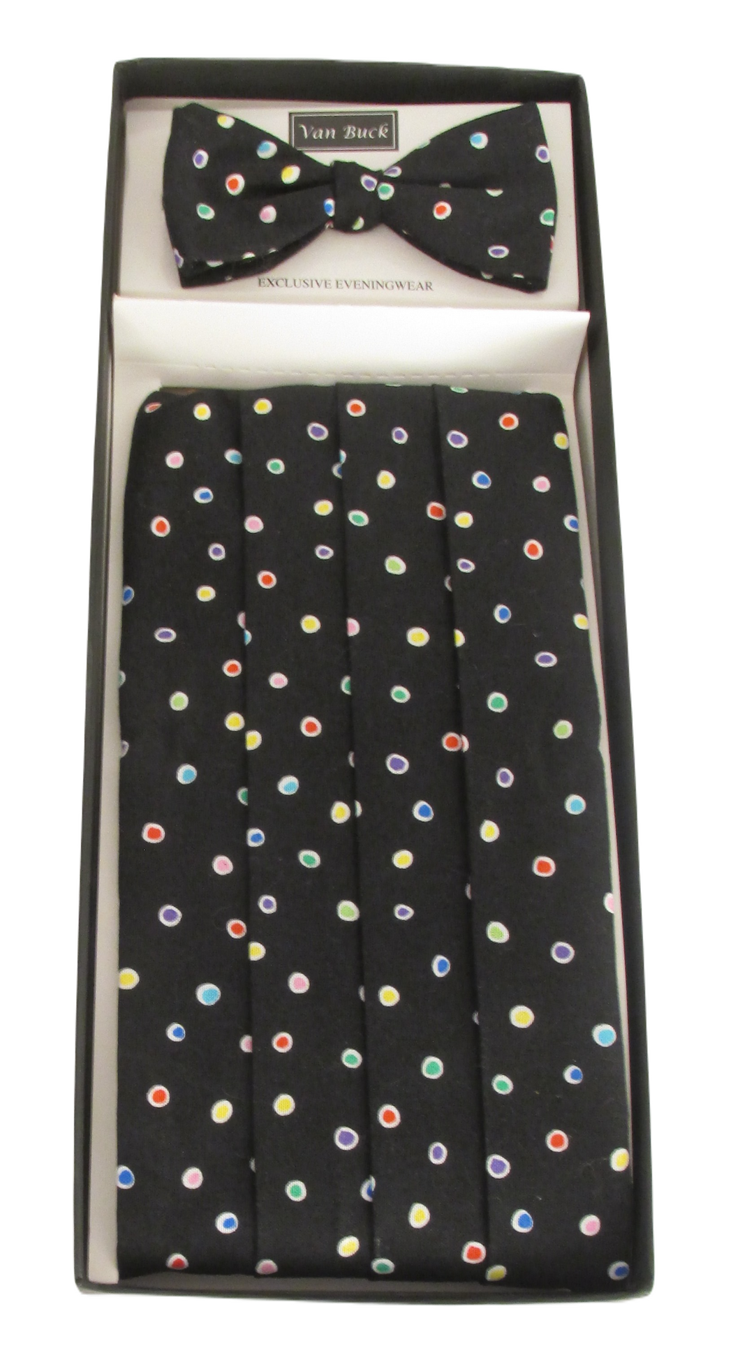 Multi White Dots Cummerbund & Bow Tie Set by Van Buck