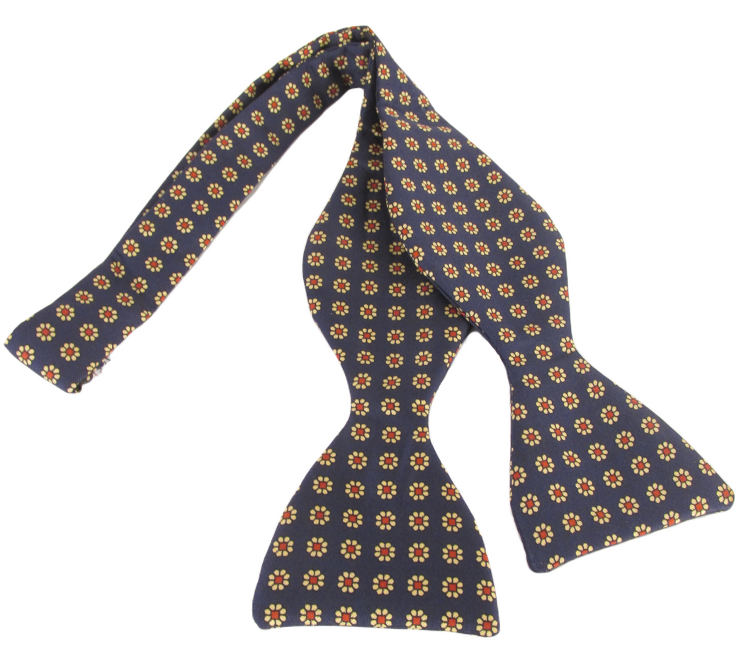 Navy Medallion Printed Silk Self Tie Bow by Van Buck