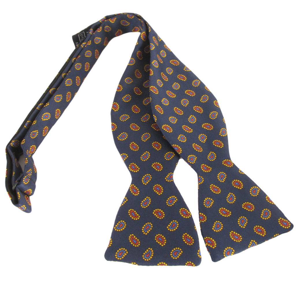 Navy Neat Paisley Printed Silk Self Tie Bow by Van Buck