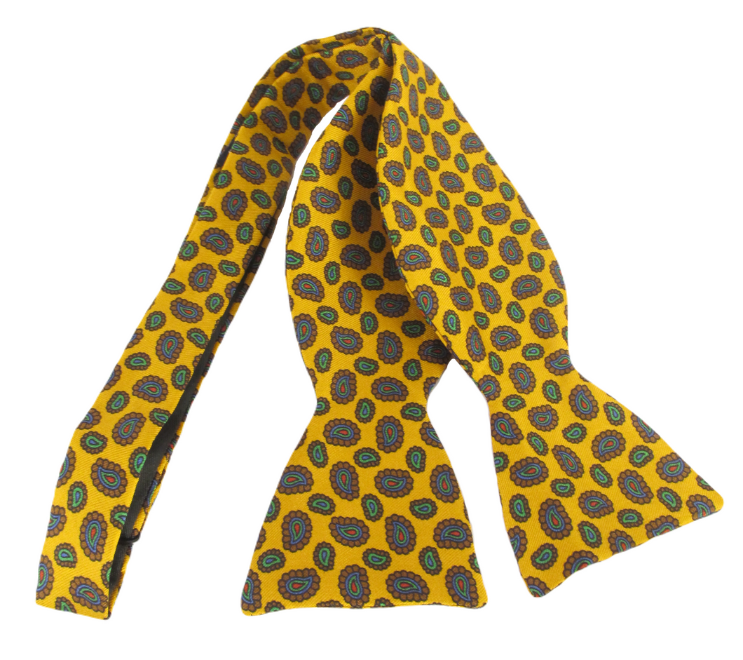 Gold Paisley Printed Silk Self Tie Bow by Van Buck