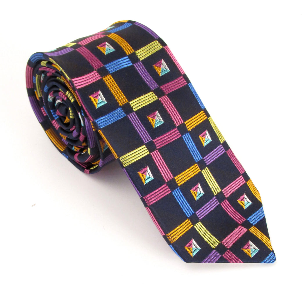 Limited Edition Navy & Orange Geometric Squares Silk Tie by Van Buck