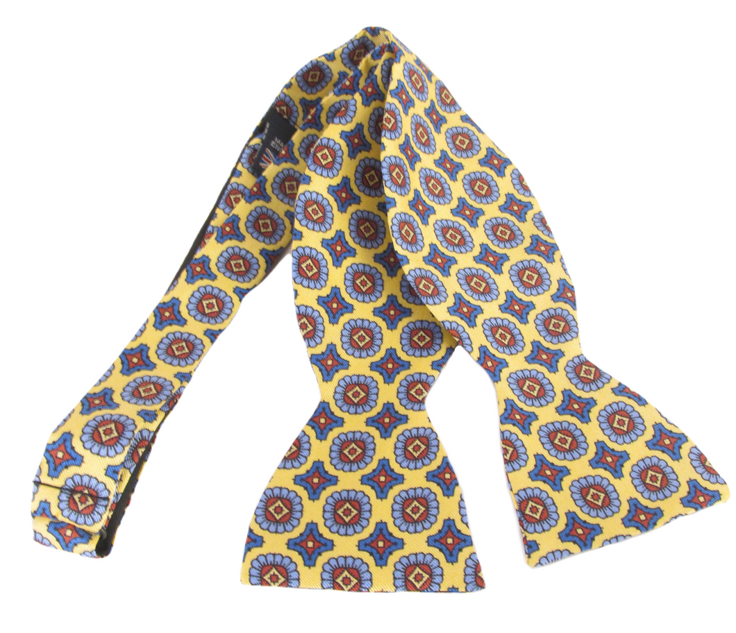 Yellow Medallion Printed Silk Self Tie Bow by Van Buck