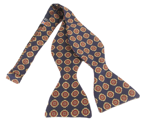 Navy Red Medallion Printed Silk Self Tie Bow by Van Buck