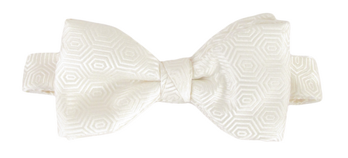 White Self Patterned Hexagons Silk Bow Tie by Van Buck