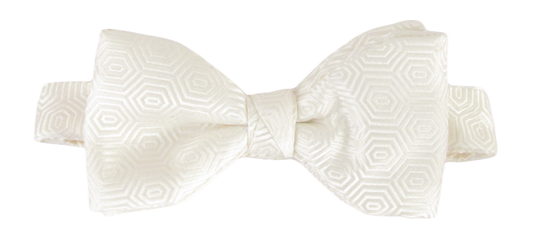 White Self Patterned Hexagons Silk Bow Tie by Van Buck