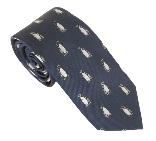 Navy Penguin Motif Silk Tie by Van Buck