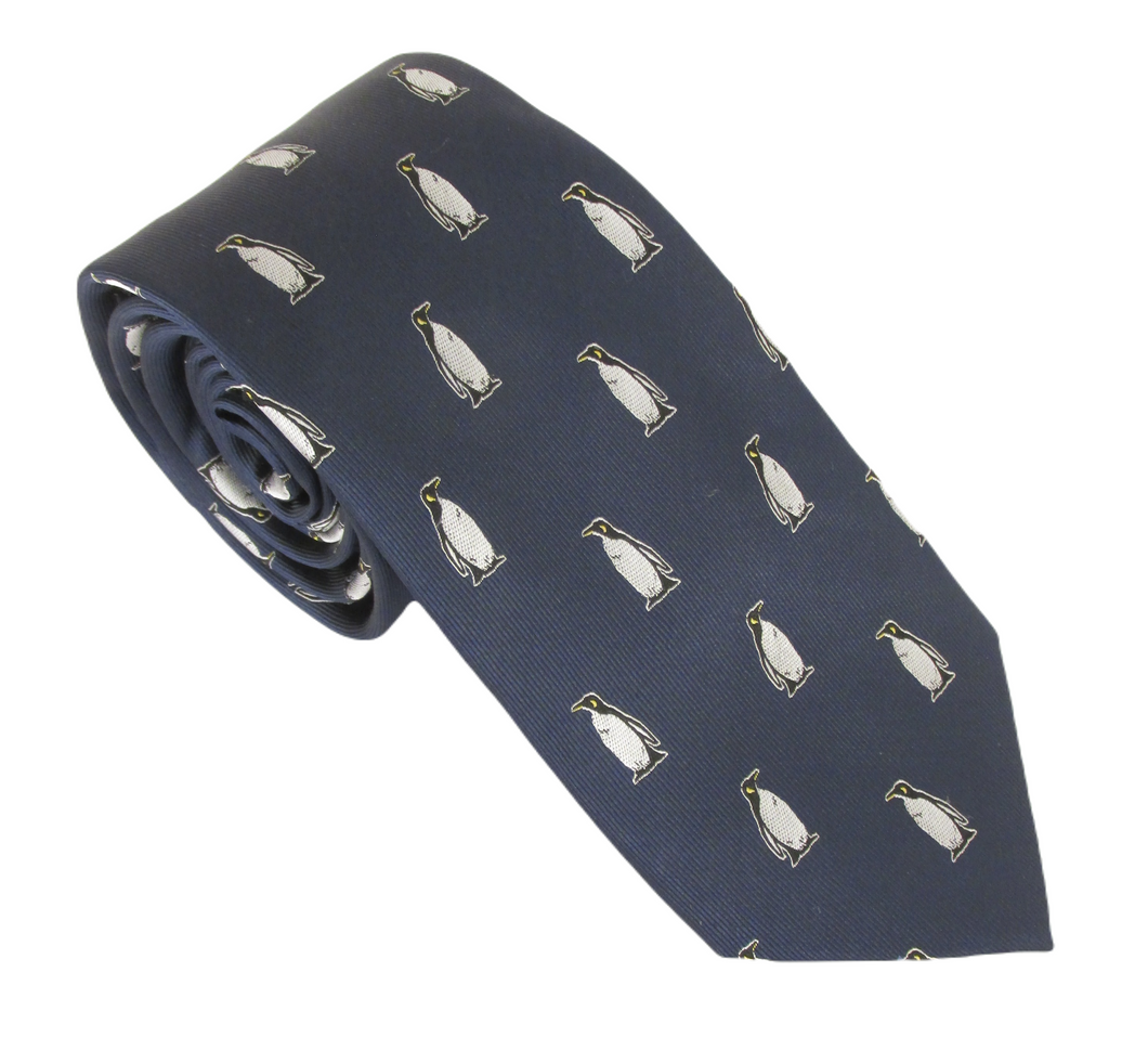 Navy Penguin Motif Silk Tie by Van Buck