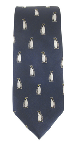 Navy Penguin Motif Silk Tie by Van Buck