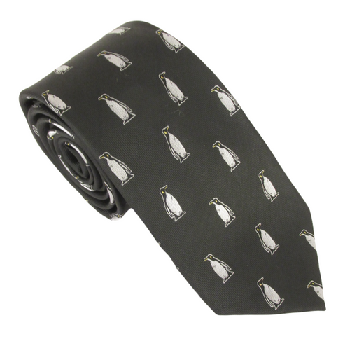 Black Penguin Motif Silk Tie by Van Buck