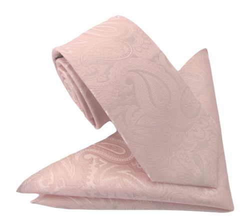 Baby Pink Paisley Silk Tie & Pocket Square Set by Van Buck