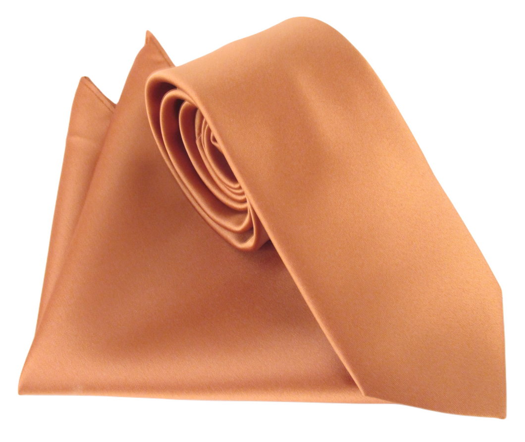 Terracotta Dark Satin Wedding Tie and Pocket Square Set by Van Buck