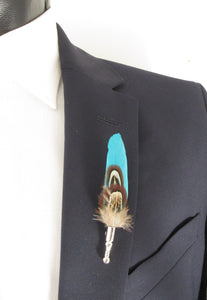 Turquoise & Brown Dual Feather Lapel Pin