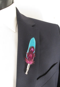 Turquoise & Pink Dual Feather Lapel Pin