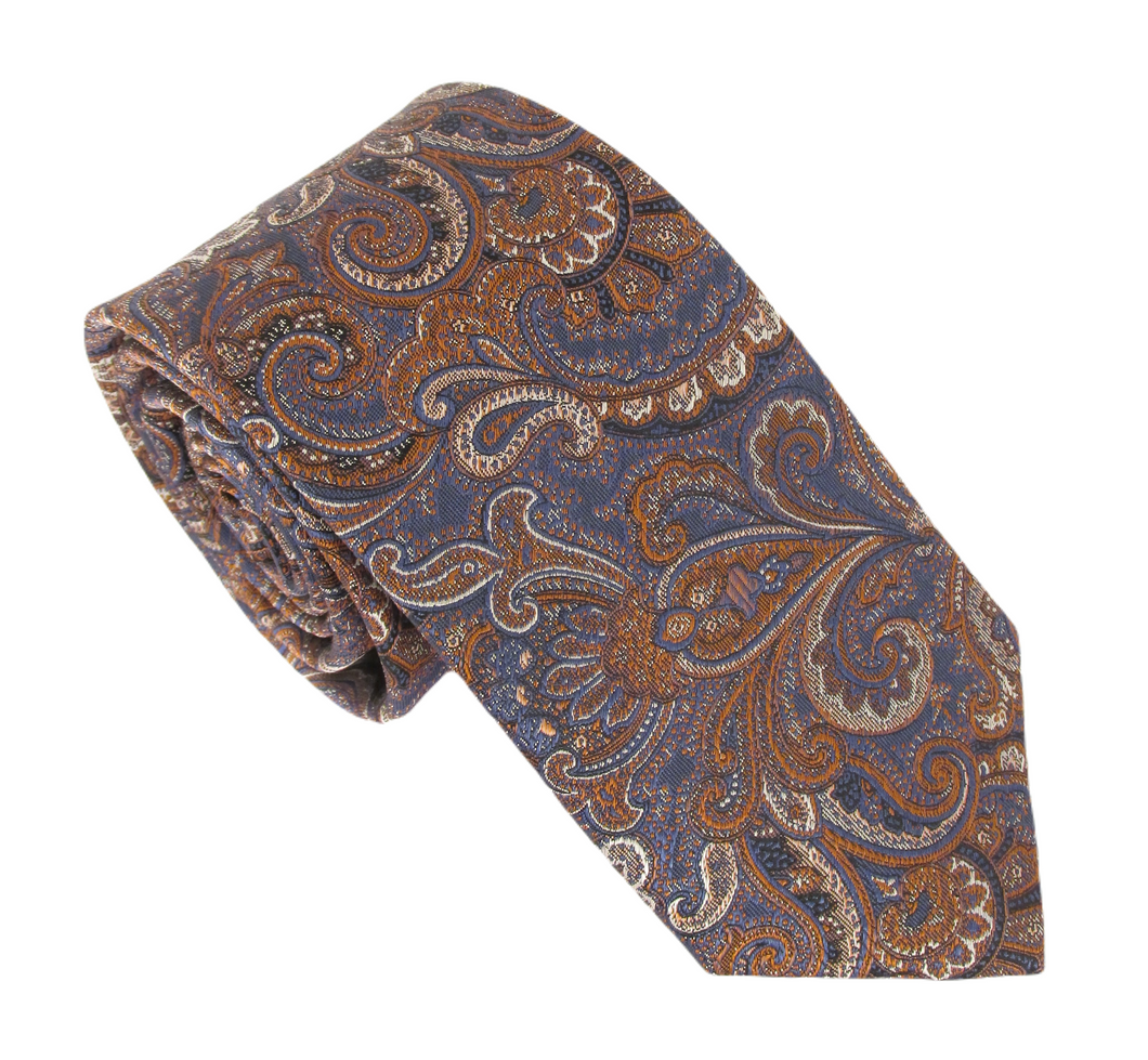 Navy & Burnt Orange Intricate Paisley Red Label Silk Tie by Van Buck