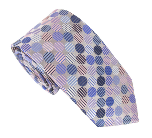 Silver Pink & Blue Striped Circles London Label Silk Tie by Van Buck