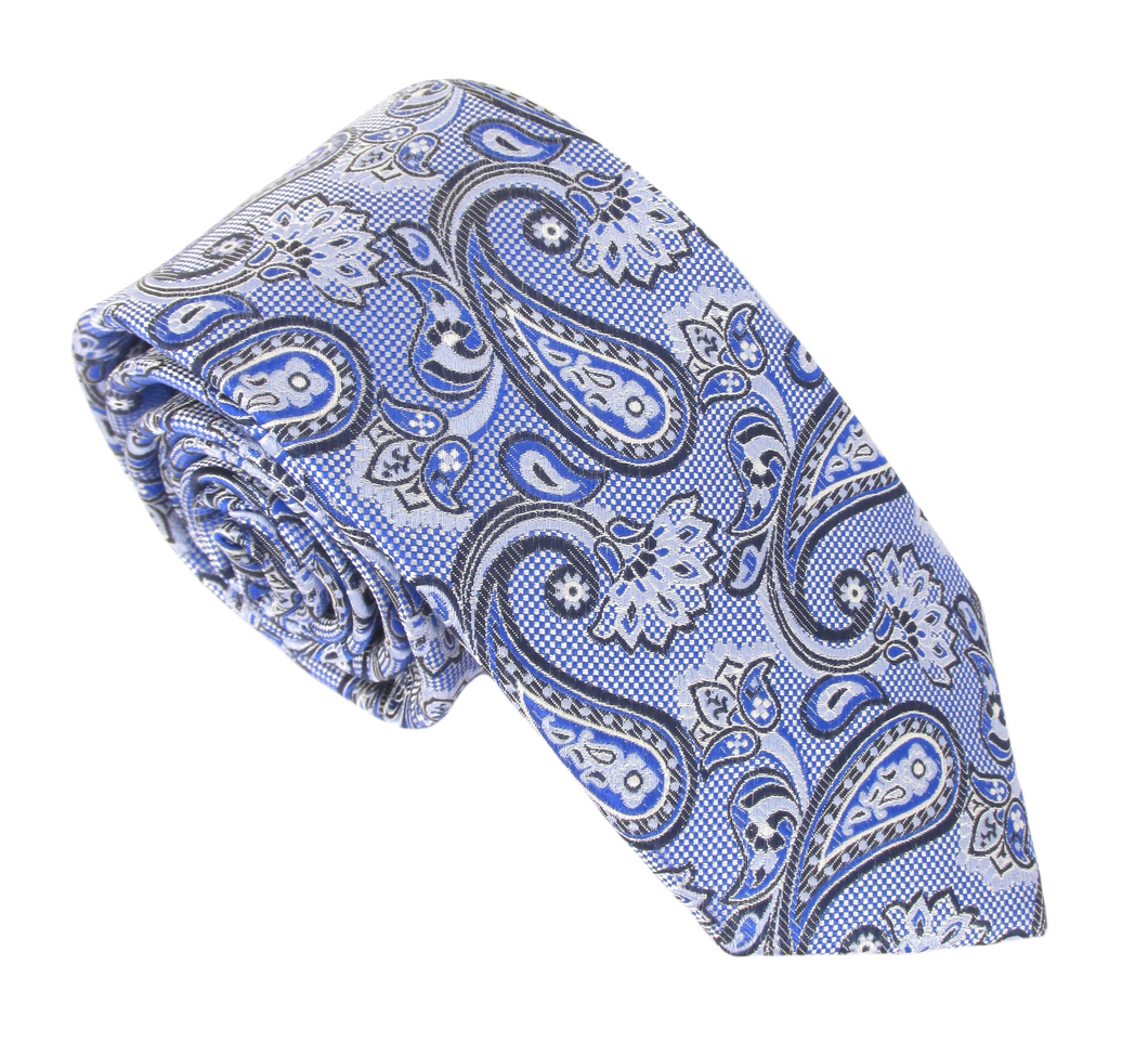 Sky Blue & White Floral Paisley Red Label Silk Tie by Van Buck