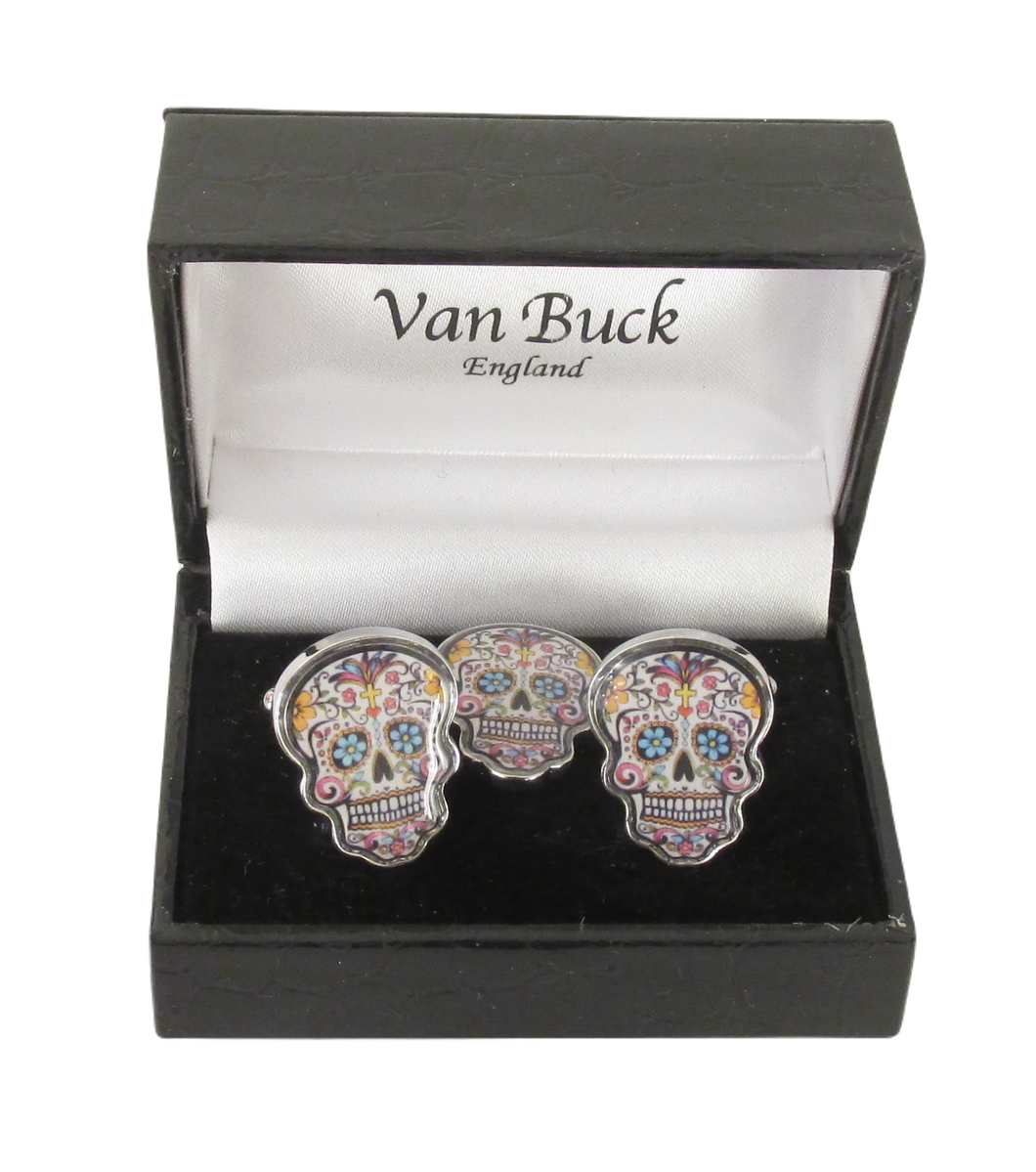 Sugar Skull Cufflinks and Lapel Pin Set by Van Buck