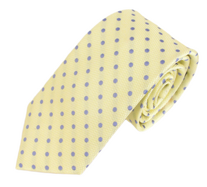 Lemon Yellow Silk Tie with Sky Blue Polka Dots by Van Buck