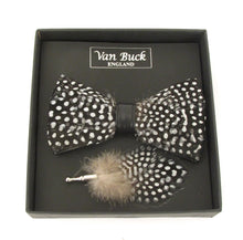 Black & White All Over Dots Feather Bow Tie & Lapel Pin Set