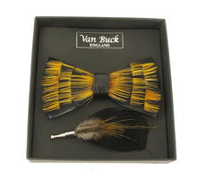 Gold Striped Feather Bow Tie & Lapel Pin Set