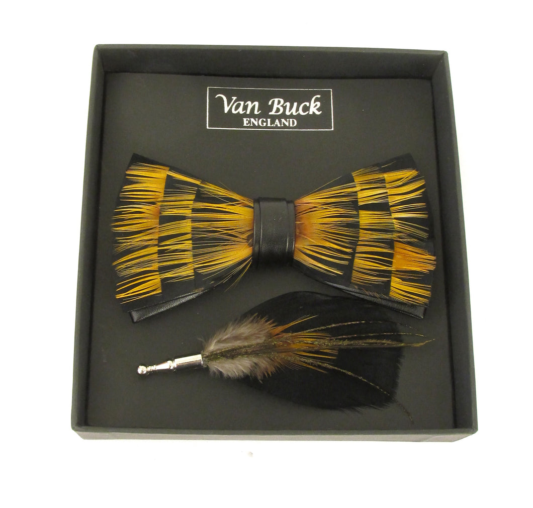 Gold Striped Feather Bow Tie & Lapel Pin Set