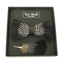 Black & White Dots Feather Bow Tie & Lapel Pin Set