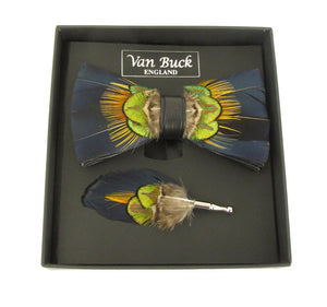 Navy & Gold Feather Bow Tie & Lapel Pin Set