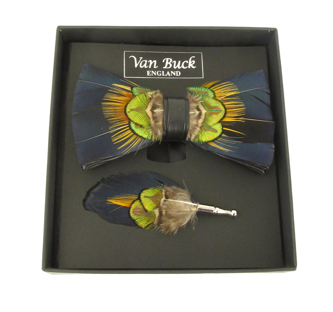 Navy & Gold Feather Bow Tie & Lapel Pin Set