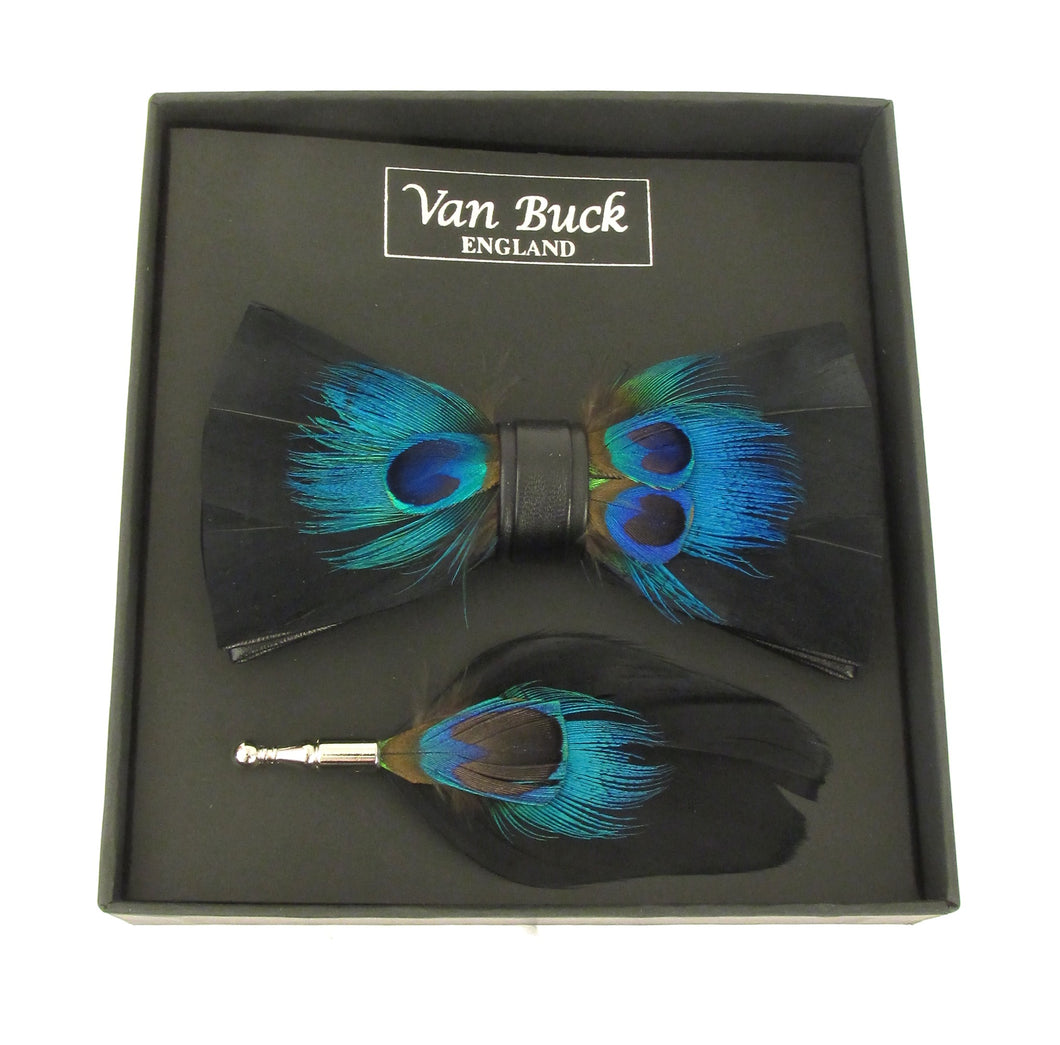 Black Peacock Feather Bow Tie & Lapel Pin Set