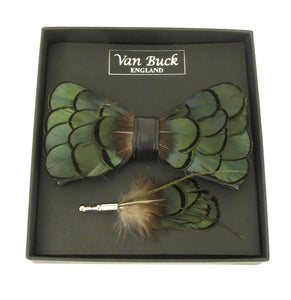 Green Feather Bow Tie & Lapel Pin Set
