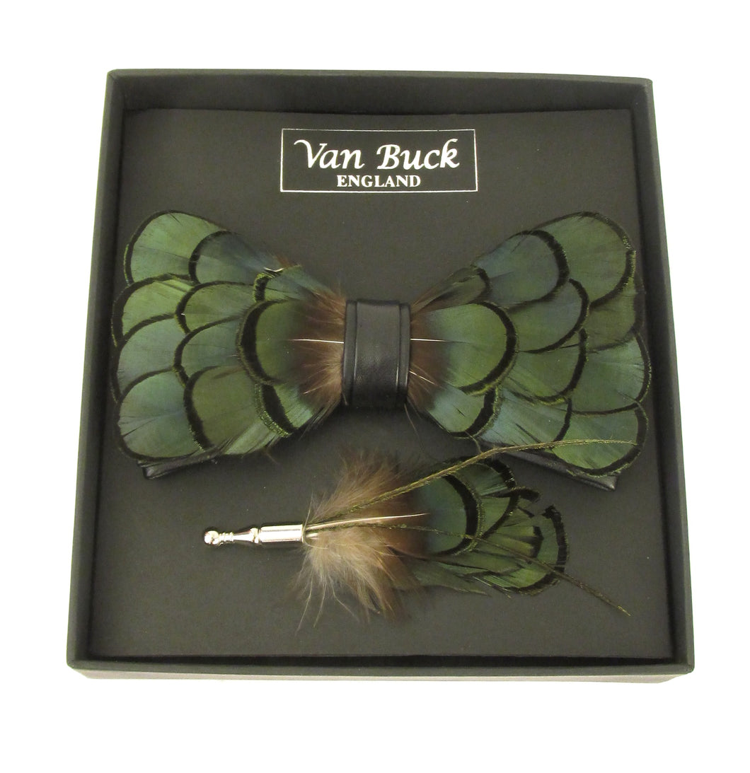Green Feather Bow Tie & Lapel Pin Set