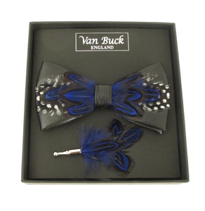 Royal With White Dots Feather Bow Tie & Lapel Pin Set