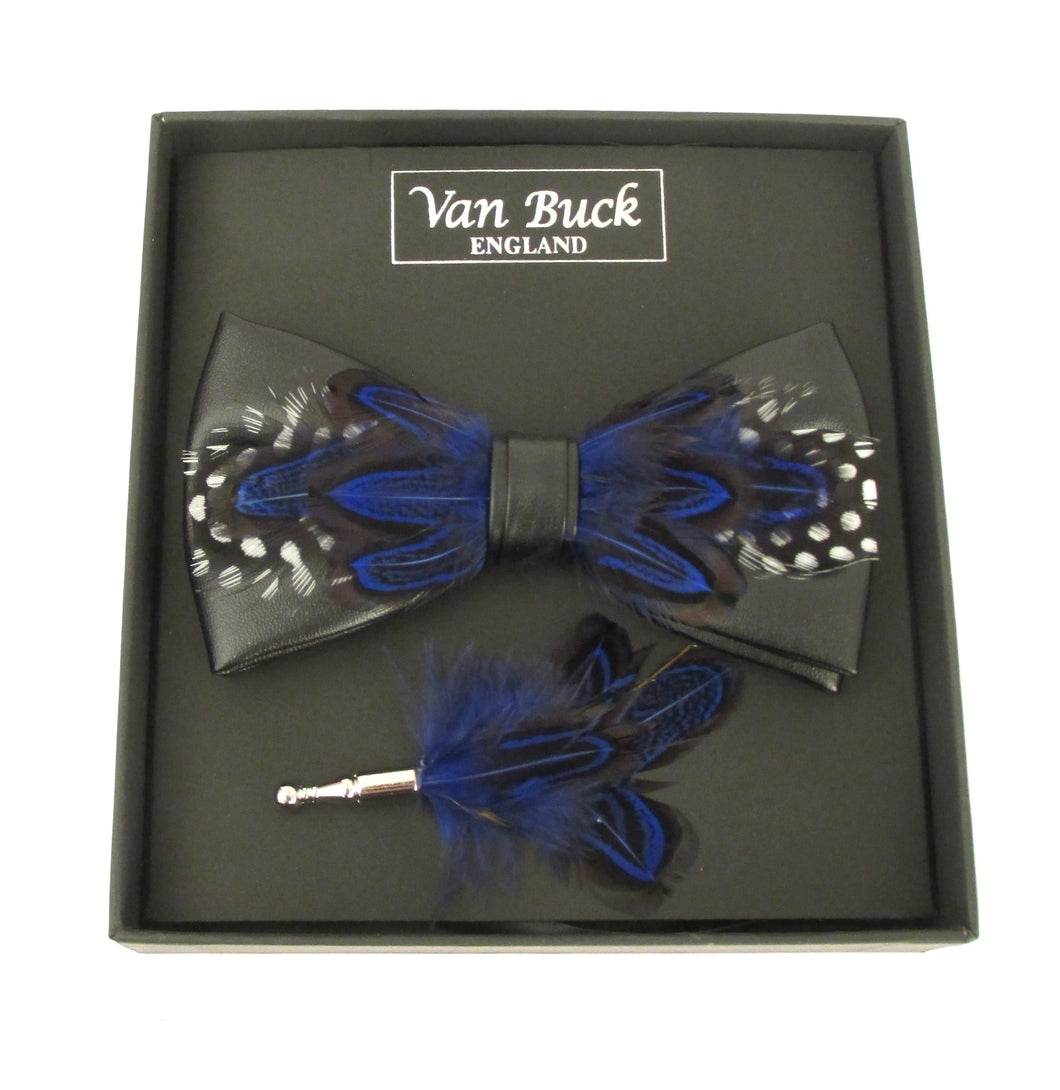 Royal With White Dots Feather Bow Tie & Lapel Pin Set