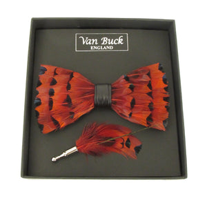 Deep Red Feather Bow Tie & Lapel Pin Set