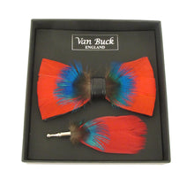 Red & Teal Feather Bow Tie & Lapel Pin Set