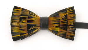 Gold Striped Feather Bow Tie & Lapel Pin Set